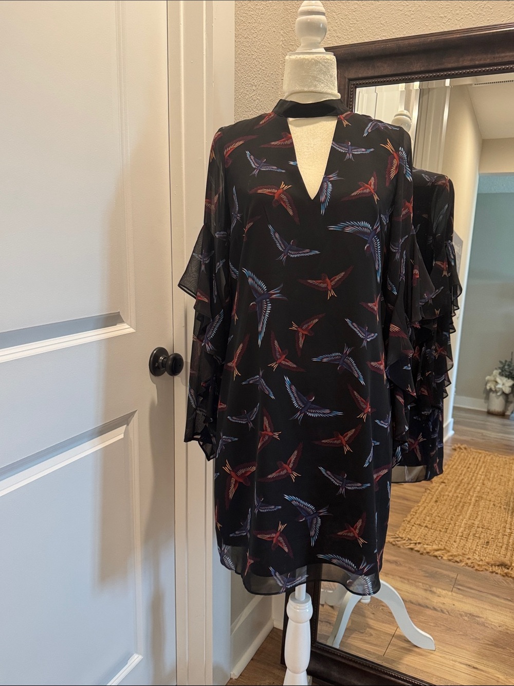 Sam Edelman Chiffon Tiered-Sleeve V-Neck Dress - Black with Red & Blue Bird Prin